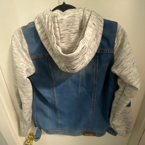 Kids/Youth Mixed Media Hooded Jean Jacket, Denim Size M - Picture 10 of 14